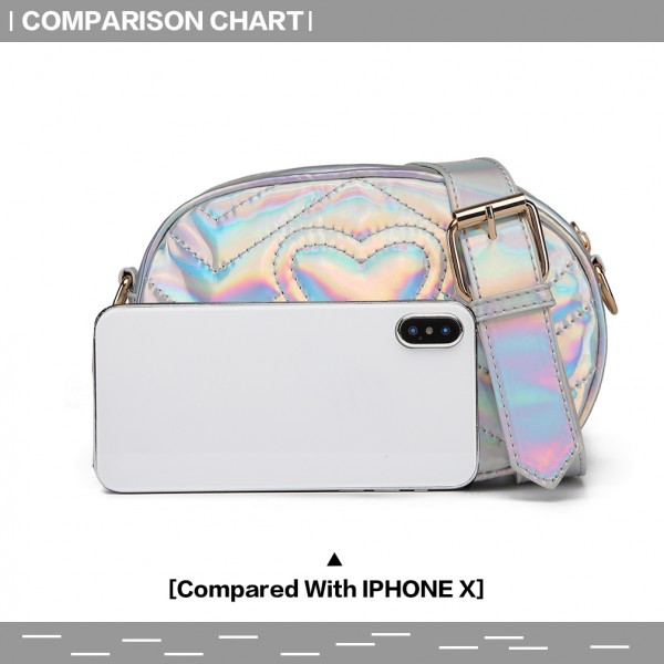 LH6834 - Miss Lulu Quilted Heart and Chevron Cross Body and Bum Bag - Iridescent Silver